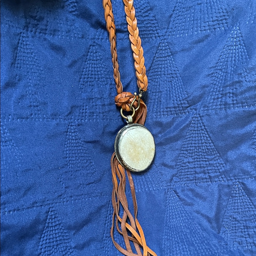 Braided Leather Choker Necklace with Stone Pendant
